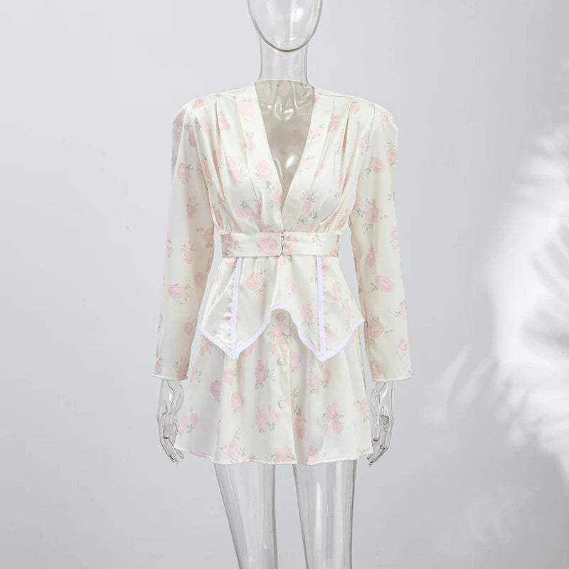 Casual Printed Mini Dress Women Full Sleeve Button V-neck Lady Short Dresses Waist Tape 2026 Spring Summer Female Robe Beach