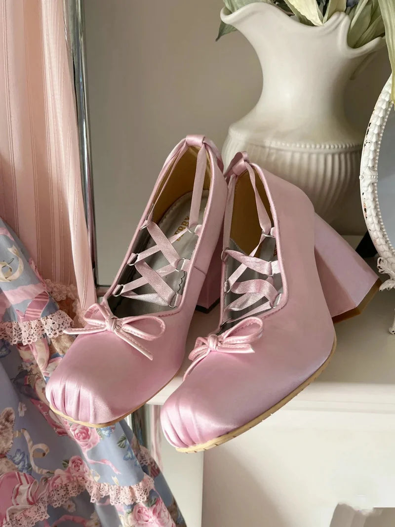 2025 Minuet Pink Mary Jane High Heels Lolita Thick Heel Satin Ribbon Ballet Sandals For Women Pumps