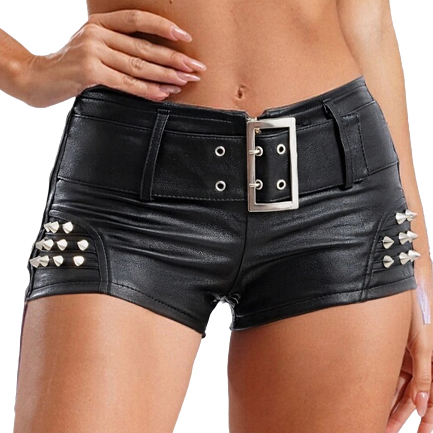 Womens Rivets And Belt PU Leather Hot Pants Hot Shorts Slim Fit Short Bottoms Club Rock Music Festival Costume