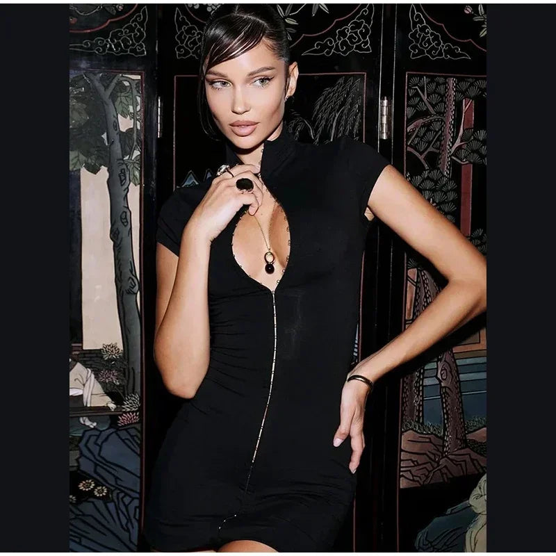 Y2k Black Hollow Out Slit Dress Women Solid Short Sleeve High Neck Slim Fit Maxi Dresses Lady Fashion Evening Party Club Robe