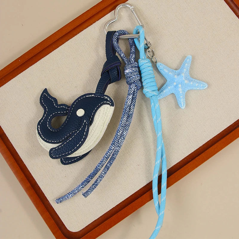 Exquisite Blue Whale Pendant Keychain,Cartoon Cute Starfish Whale Woven Rope Charm Car Bag Decoration Creative Gift