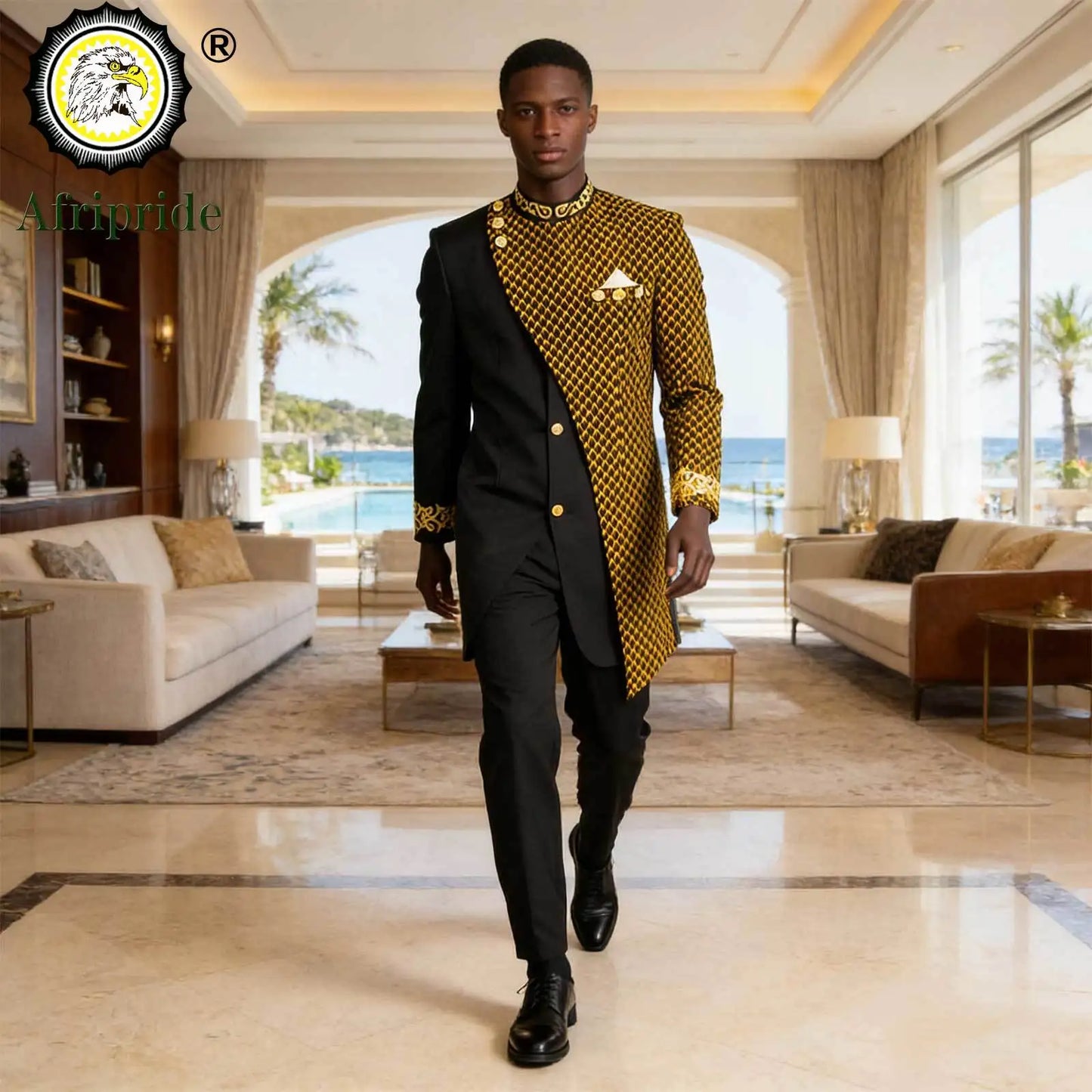 African Suits for Men Embroidery Print Blazer and Pants Set Business Dress Suit with Kerchief Party Wedding Evening A2316023