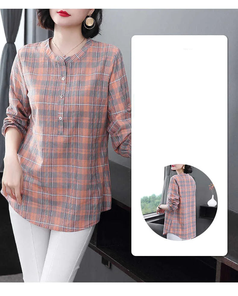 Fashion All-match Round Neck Plaid Shirt Women's Clothing Summer New Vintage Casual 3/4 Sleeve Button Spliced Pullovers Blouses