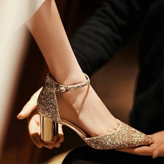 Luxury Gold Silver Sequins High Heels Pumps Women 2025 Pointed Toe Ankle Straps Wedding Shoes Woman Thick Heeled Party Shoes