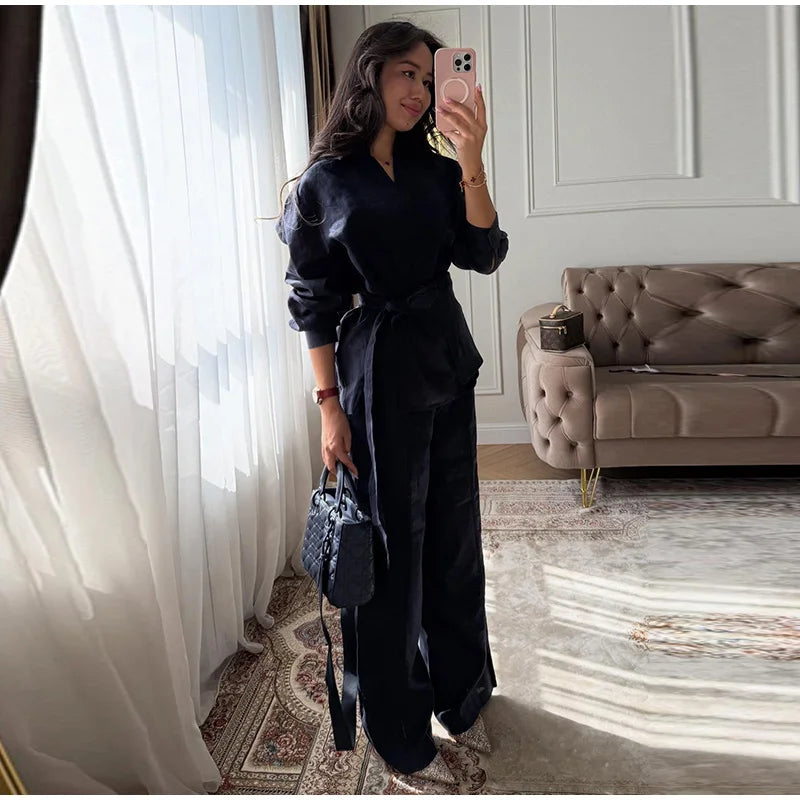 Casual Women's Linen Pants Set 2 Pieces Loose Lace Up Lapel Buttons Shirt Wide Leg Pant 2026 Spring Summer Lady Holiday Suits