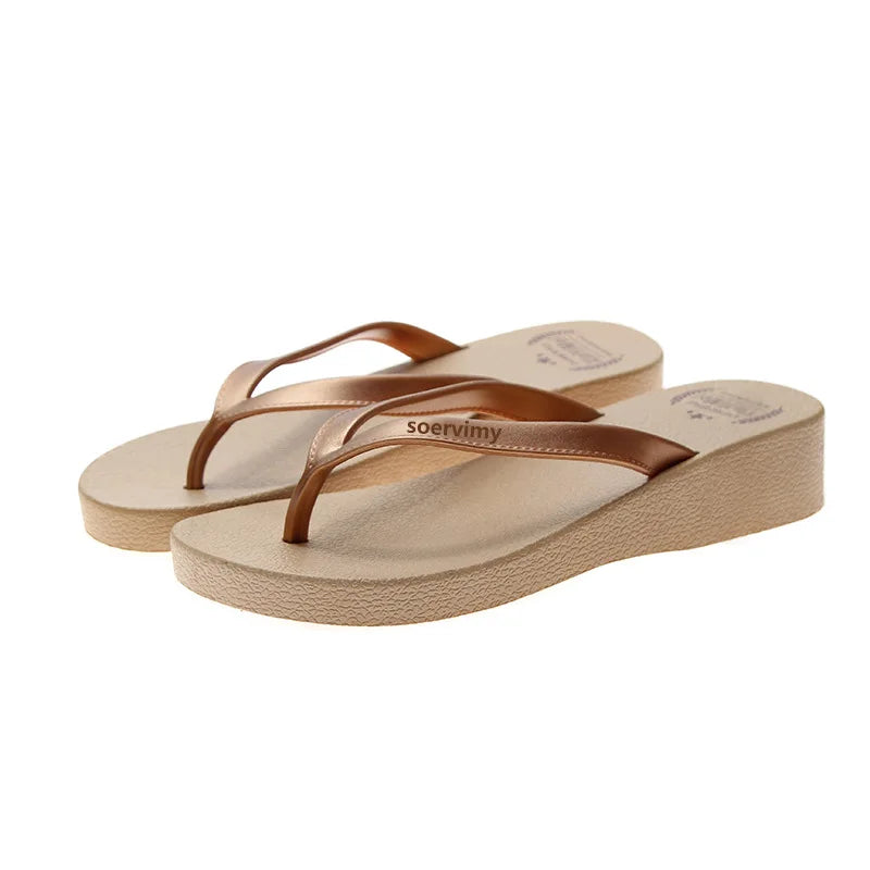 EOFK Women Flip Flops Wedges Casual Shinny Beach 3.5 Cm Height PVC Solid Summer Outside Slippers Soft Shoes