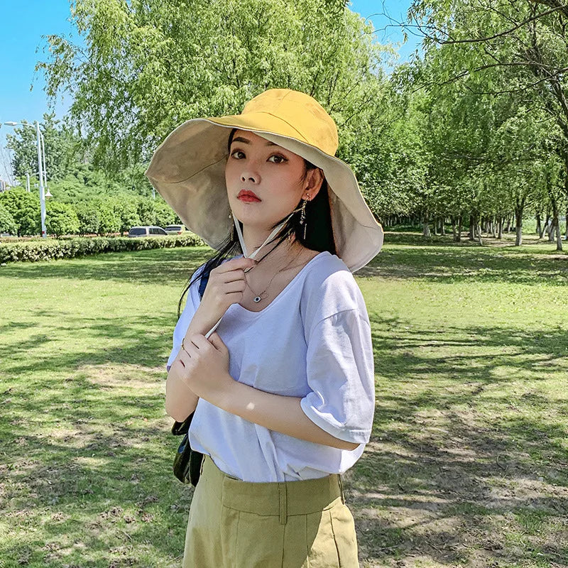 Wide Brim UPF 50+ Sun Hat Women Anti-UV Protection Hiking Fisherman Cap Fold Summer Solid Beach Hat 2024 Double sided Sun hat BAZAARHUBO