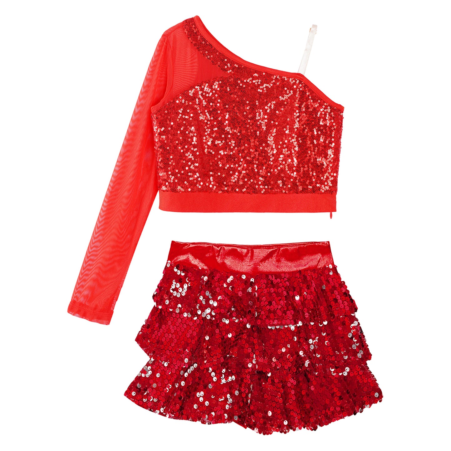 Kids Girls Dance Dresses Latin Jazz Modern Dance Show Costume Sequin Long Sleeve Crop Tops and Skirted Culottes Cheer Dancewear