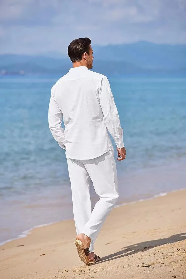 Mens Casual Linen Two Piece Sets 2024 Europe Style Vintage Basic Tops and Solid Pants Suit Male Beach Tracksuits Set