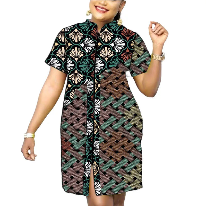 Original Design African Print Women’s Dress Stand Collar Frock Tailored Traditional Party Wear Retro Patchwork Designs