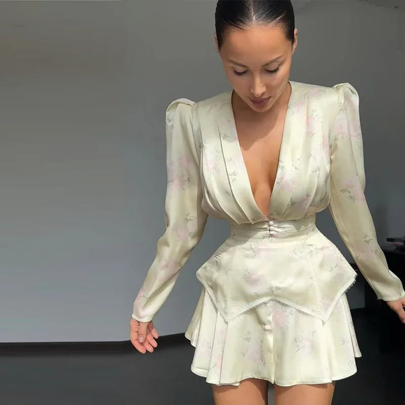 Casual Printed Mini Dress Women Full Sleeve Button V-neck Lady Short Dresses Waist Tape 2026 Spring Summer Female Robe Beach