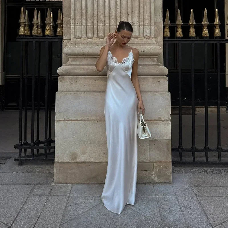 Women V-neck Satin Sling Maxi Dress Sexy White Lace Patchwork Sleeveless Backless Slim Gowns 2026 Evening Party Chic Dresses New