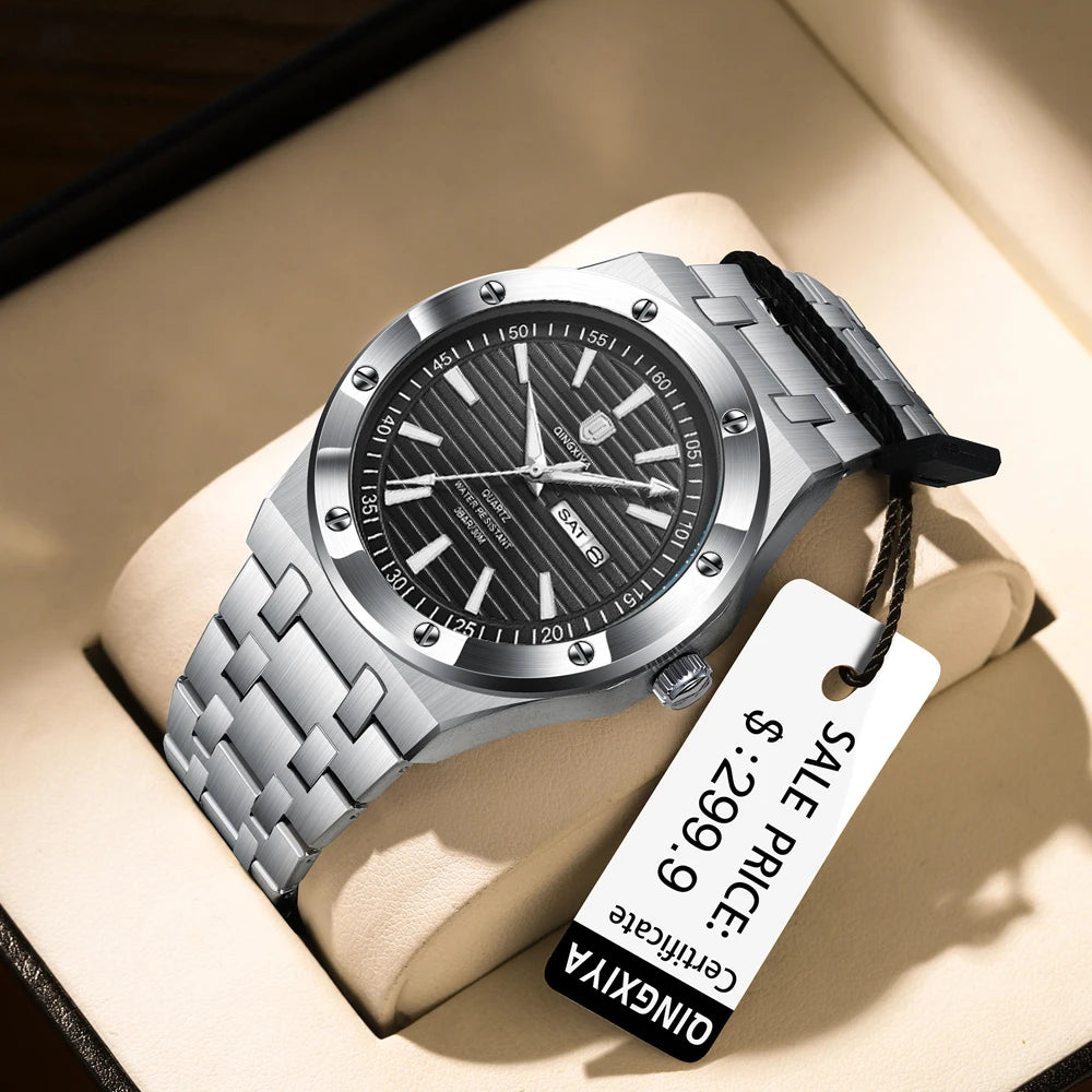 QINGXIYA New Mens Quartz Watches Top Brand Luxury Week Date Man Wristwatch Stainless Steel Waterproof Luminous Sports Men Watch