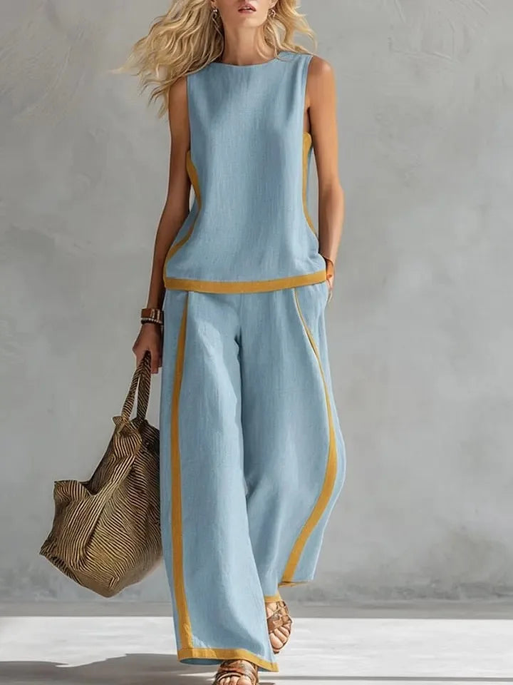 Women Two-piece Sleeveless Contrasting Color Wide-leg Trousers Suit - Loose O-Neck Pocket Sportswear Matching Set for Streetwear