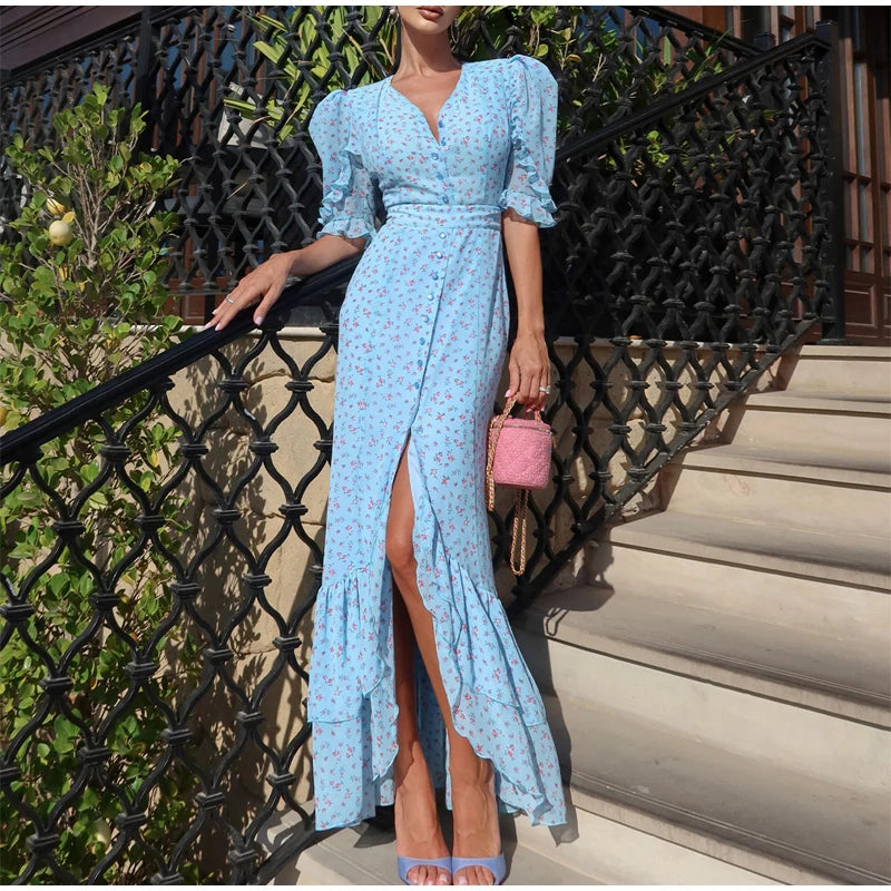 Women White Pink Floral Print Fishtail Skirt Set Chic V Neck Puff Sleeve Ruffle Button Crop Top Suit Elegant Lady Wedding Outfit