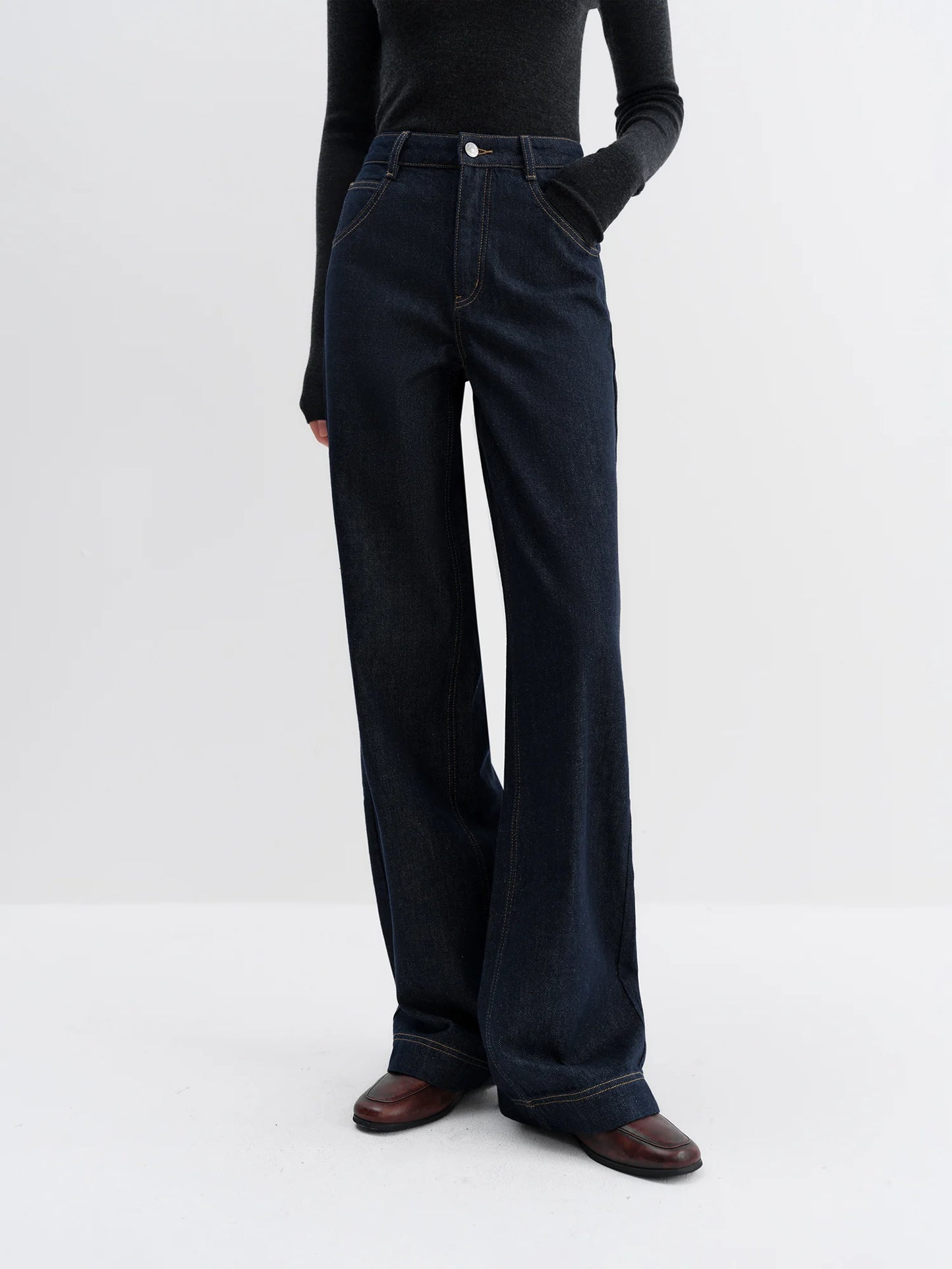 FSLE Straight High Waist Jeans for Women Winter Solid Simple All-match 2025 New Long and Short Versatile Pants Korean Style