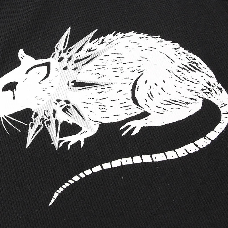 Mouse Print Black Tank Goth Sexy Bodycon Cropped Tops Women Streetwear Harajuku O Neck Knitted Basic Tank Top