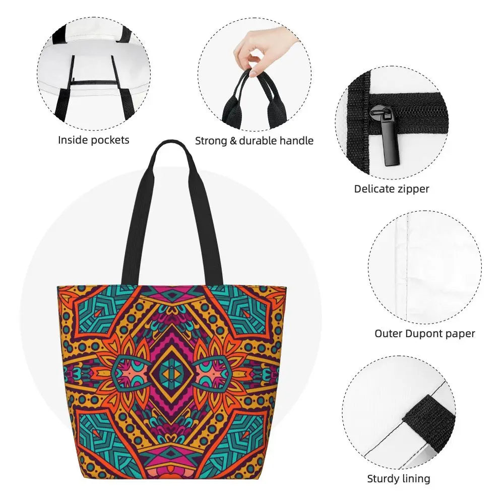African Ankara Prints Grocery Shopping Tote Bags Women Geometric Ethnic Art Canvas Shoulder Shopper Bags Big Capacity Handbag