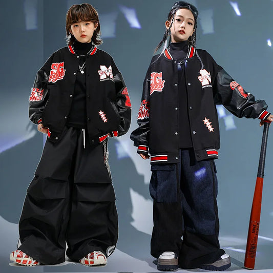 Kids Hip Hop Dancer Clothes Boys Girls Children Streetwear Loose Baseball Jacket Wide Leg Pants Suits Sets Costumes Track suits