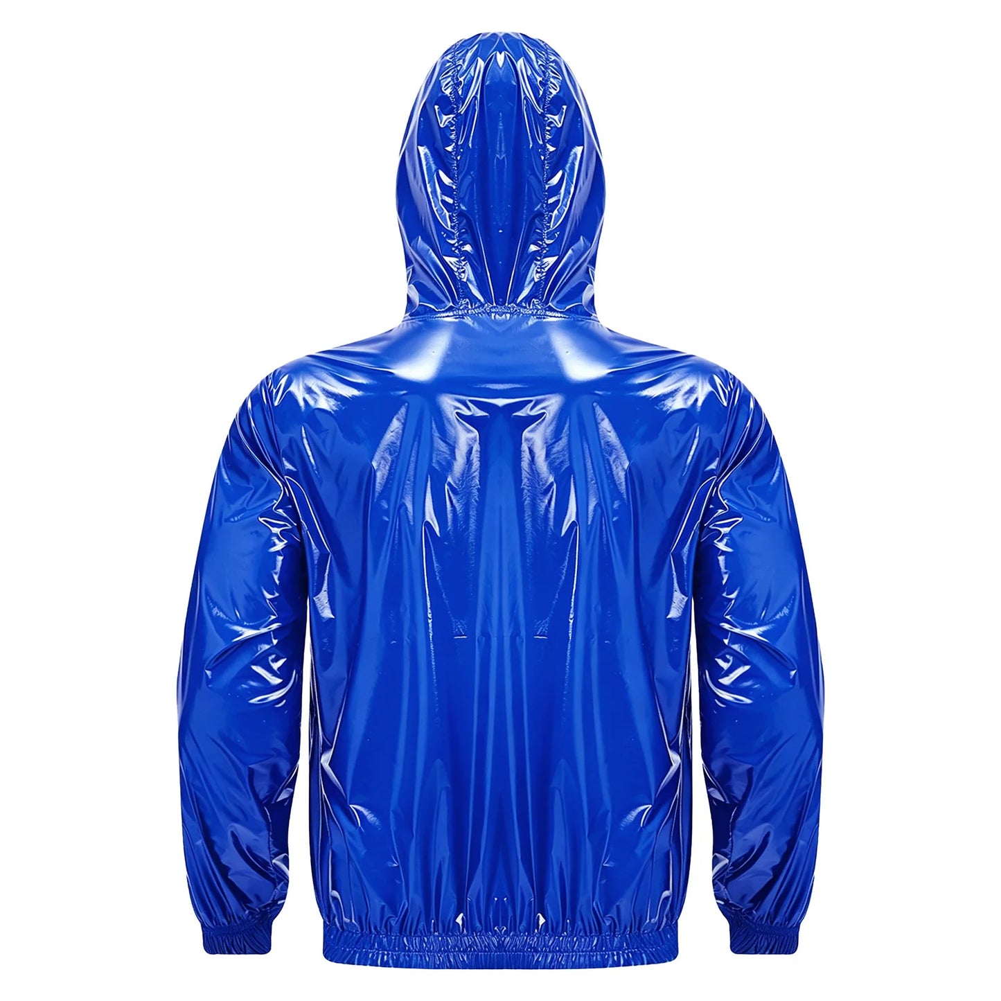 Men Shiny Glossy Hooded Jacket Windbreaker Raincoat for Hiking Fishing Biking Long Sleeve Front Zip-up Drawstring Hood Outerwear