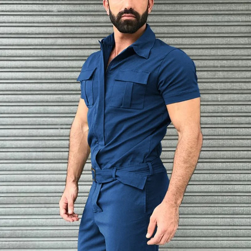 Multi-pocket Overalls Men's Jumpsuits Short Sleeves Trousers Suits Zippered Jumpsuits Men's Overalls Belted Jumpsuits