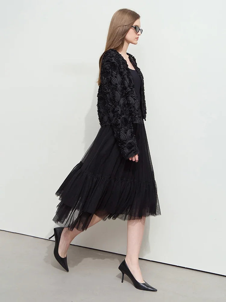AMII Minimalism Short Jacket Women 2025 Autumn Elegant Floral O Neck Coat
