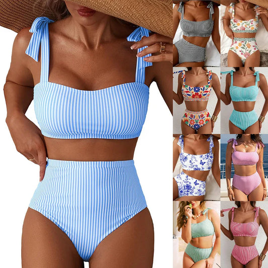 Women Two-piece Halter Vest Swimwear Sexy Striped Ruffle High Waisted Bikinis Set Female Bathing Suit Tie Strap Beachwear