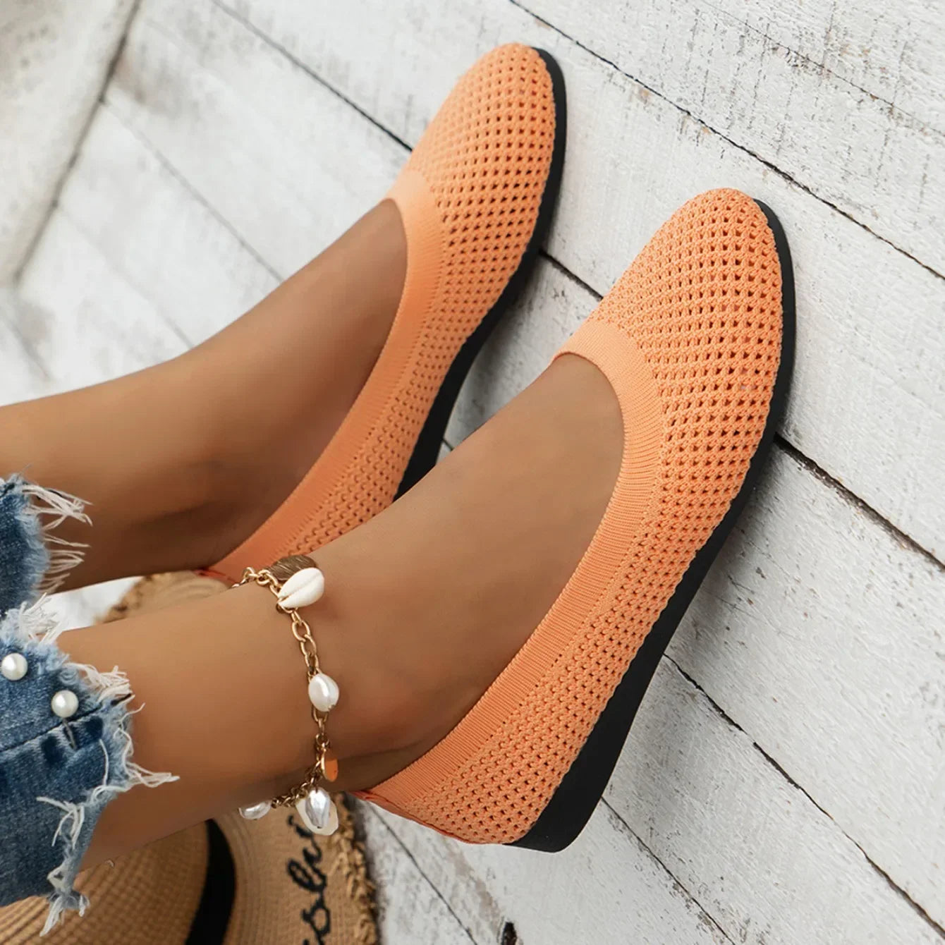 Women Round Toe Flat Shoes Solid Color Knitted Slip on Shoes Casual Breathable Ballet Flats Women Mesh Flat Shoes Loafers Woman