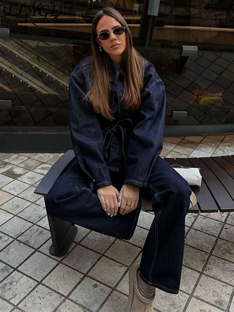 Vintage Belt Denim Jacket Pants Set Women Lapel Single Breasted Jackets Pockets Straight Jeans 2025 Autumn Lady Street Outfits