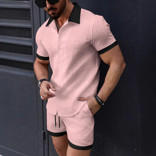 New trend Men's suit Solid color Cotton Linen Short sleeve jacquardShirt and Shorts 2-piece set Hawaii beach Men's casual set