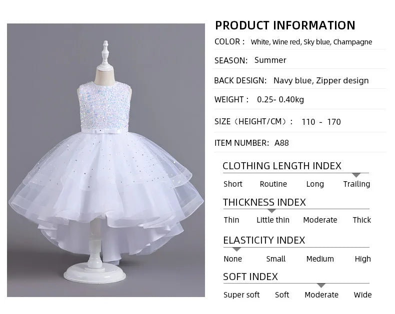 Flower Girls Princess Sequins Baby Wedding Christmas Party Trailing Dress Teenager Children Kids Elegant Vestidos for 3-15Years
