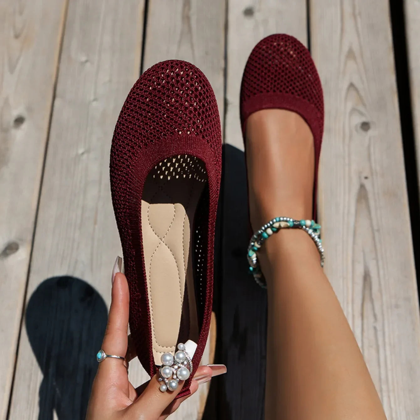 Women Round Toe Flat Shoes Solid Color Knitted Slip on Shoes Casual Breathable Ballet Flats Women Mesh Flat Shoes Loafers Woman