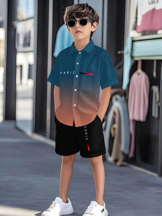 Boys Clothes Casual Colorblock Short Sleeve Shirt + Shorts Kids' Sets and Outfits Outdoor Quick Drying Shirt Casual Children Top