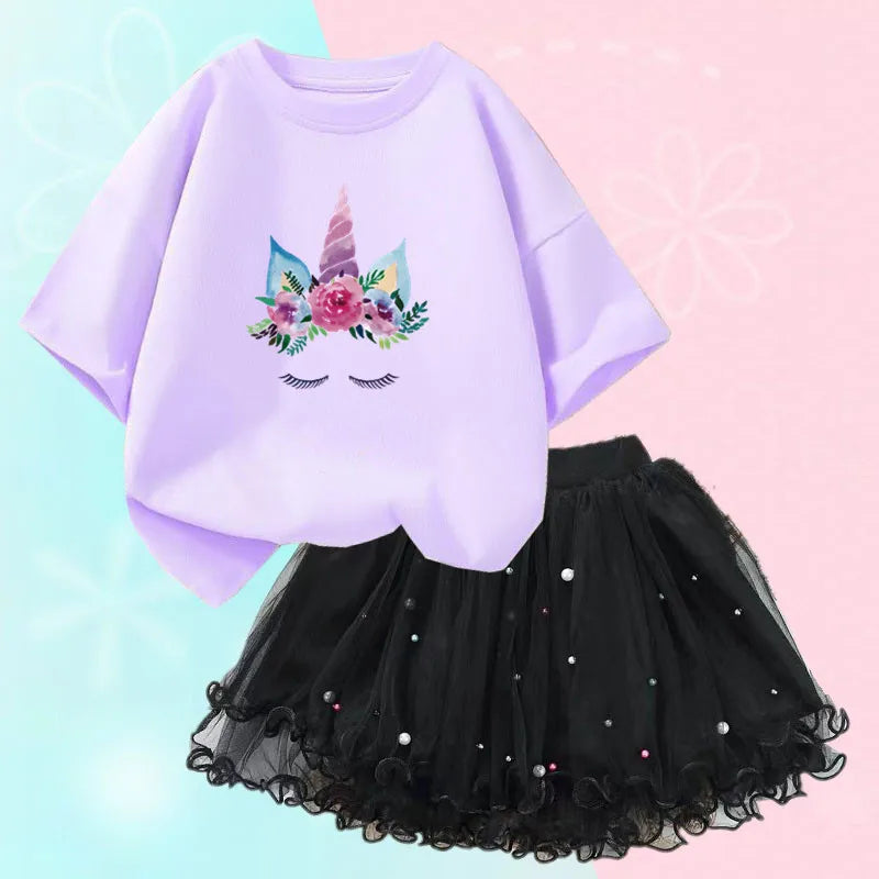 Dresses For Girl Summer Fashion Wear Outfit Kids T-Shirt Suit Unicorn Party Baby Costumes For Children Tulle Tutu Skirt Clothing