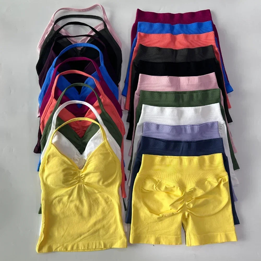 2 Pieces Sports Set Women Backless Tank Tops High Waist Scrunch Seamless Shorts Sport Suit Gym Set Sportswear Workout Set