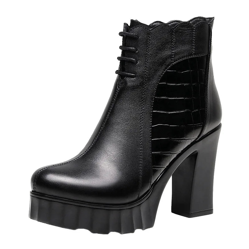 10cm Small Size 32-43 Elegant Fashion Soft Leather Boots Women Platform Shoes 2025 Winter Block High Heels Ankle Boots Office