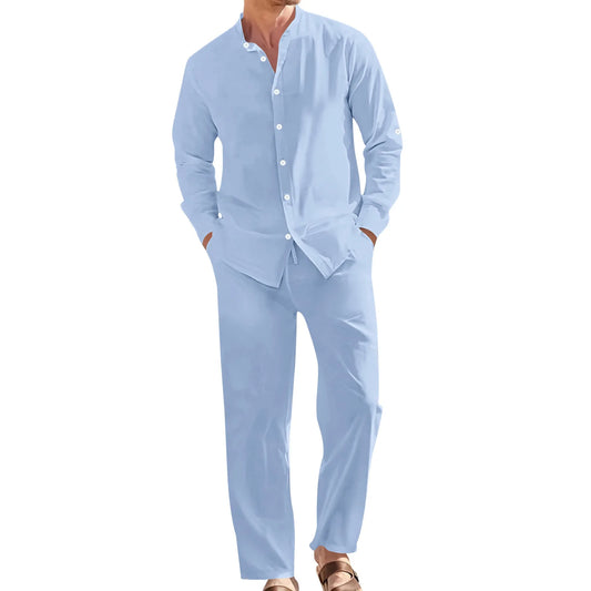 Men's Linen Casual Two-Piece Set, Stand-Up Collar Shirt + Loose Trousers