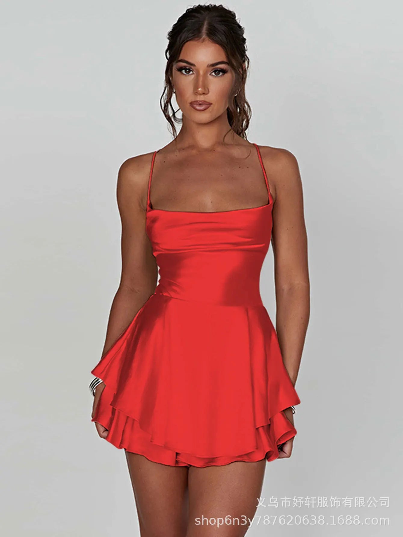 Sexy Dress Mini vestidos Elegant Bodycon Spaghetti Strap solid Color Leace-up Fashion Simple Style Banquet Backless Ruffles Slim