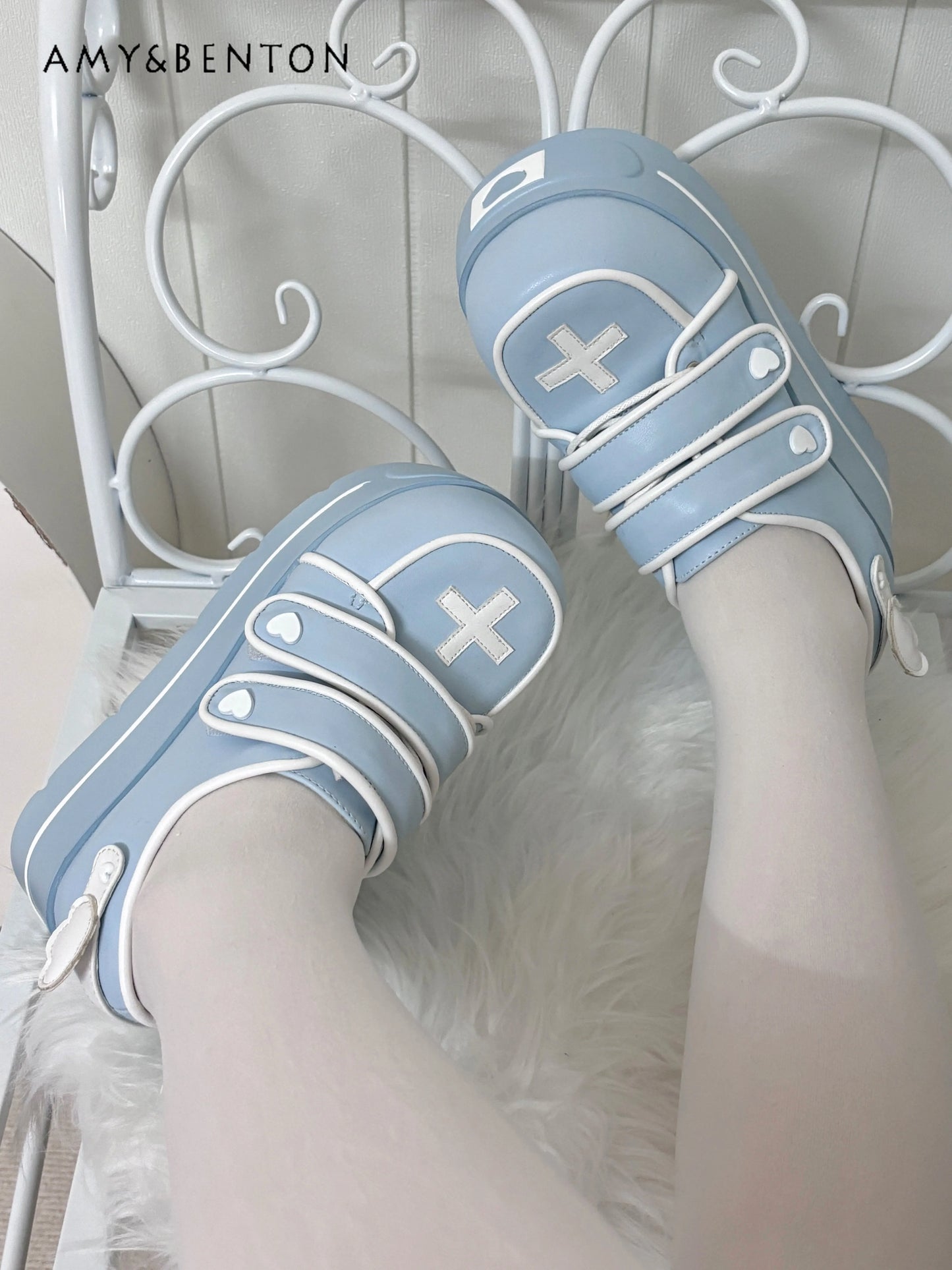Original Japanese Cute Cross Print Thick-soled Muffin Shoes Subculture Sweet Cool Girl Round Head Pu Leather High Heels Women