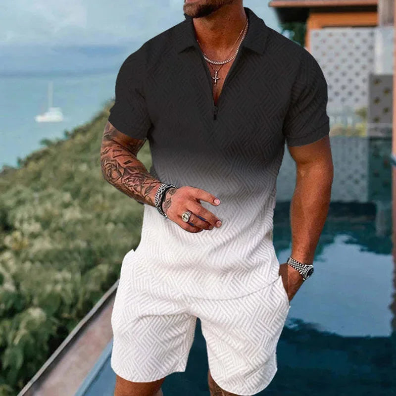 Interesting Men's Short Sleeved Set 3D Checkered Printed Fashionable Zipper Polo Shirt Suit Loose Summer T-shirt Set Ropa Hombre