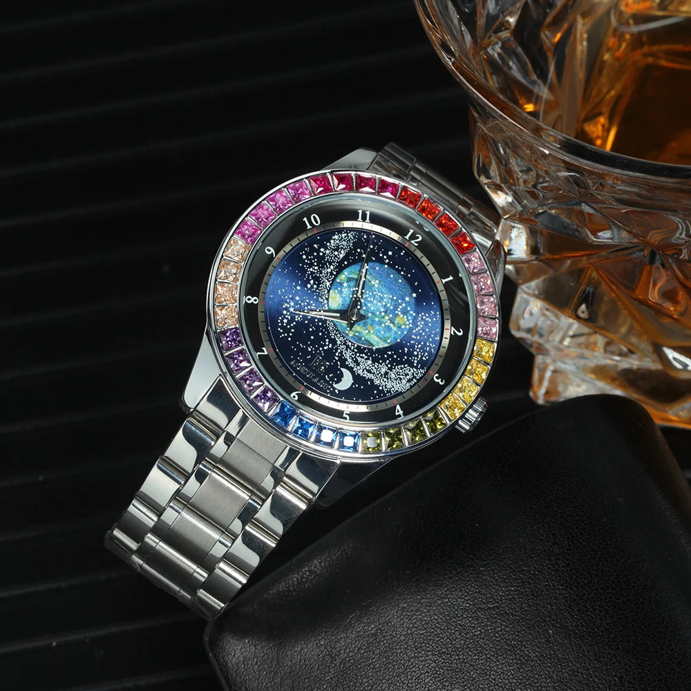 Fashion Starry Sky Luminous Mechanical Watch for Men Leather Steel Strap Luxury Brand Business Automatic Mens Watches AOKULASIC