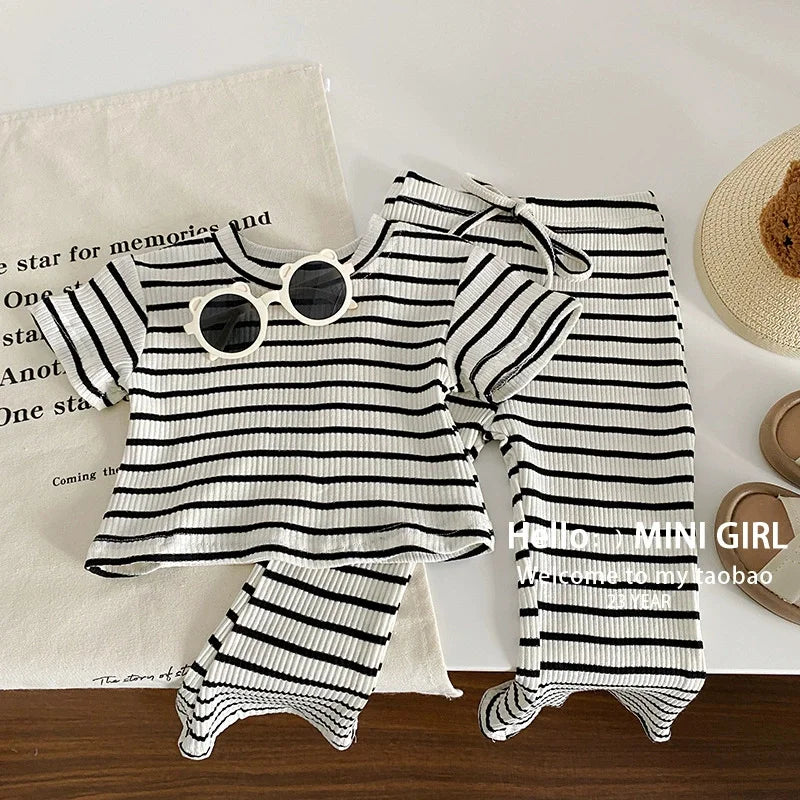 Summer Girls Sets Children's Fashion Striped Suit Kids Short-Sleeved Round Neck Top Trousers 2Pcs Bew Casual Clothing Outfit