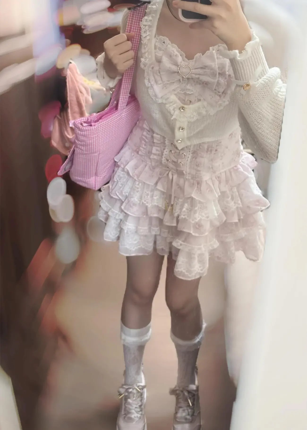 Japanese Sweet Lolita 2-piece set with pale pink long-sleeve lace floral top and layered mini skirt