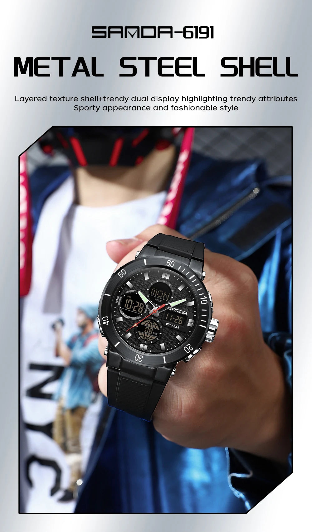 Fashion SANDA 2025 Top Brand 6191 Men New Countdown Stopwatch Waterproof Light Electronic Alarm Clock Time Led Digital Watches