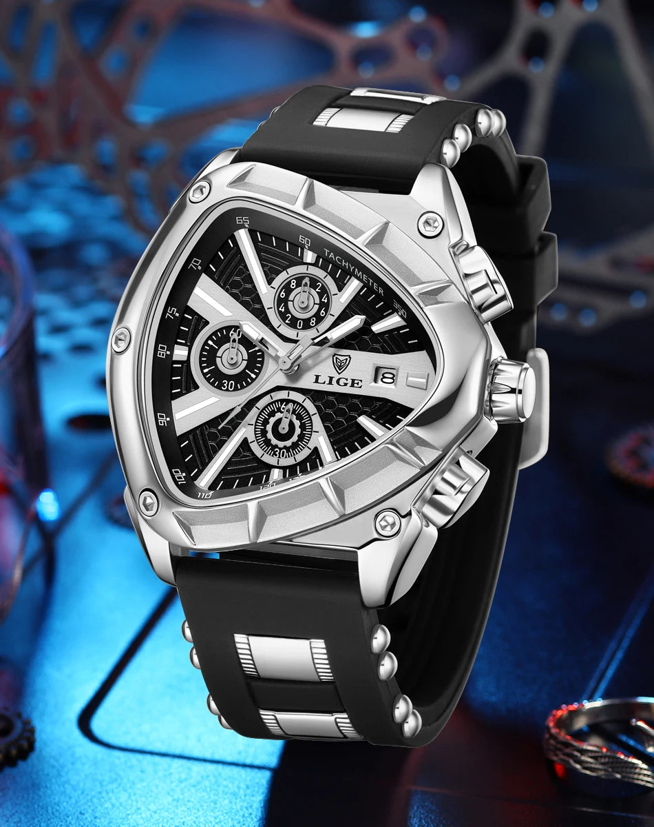 LIGE Sports Triangle Mens Watches Luminous Pointers Fashion Rubber Strap Military Irregular Quartz Wristwatch Waterproof  Watch