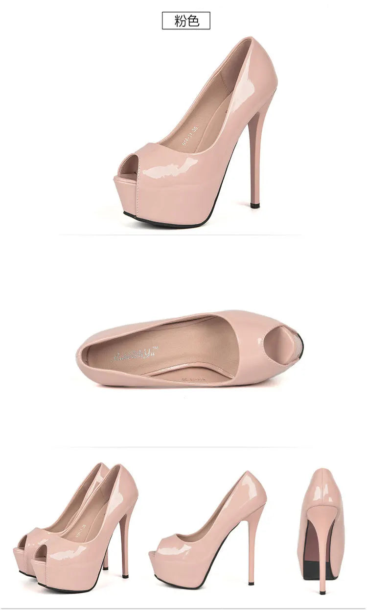 Women Pumps Sexy Platform Peep Toe Shoes 14cm Thin High Heels Stiletto Patent Leather Fashion Party Nighclub Wedding Dress Shoes