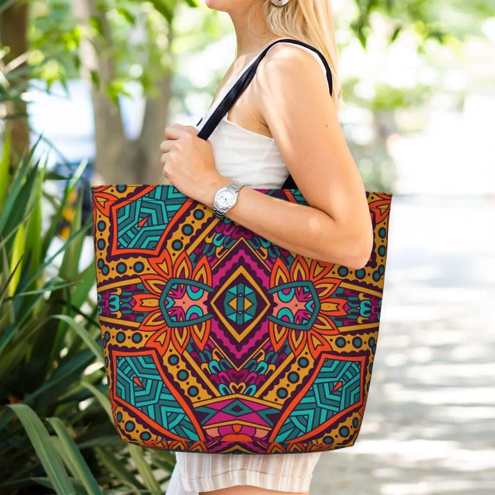 African Ankara Prints Grocery Shopping Tote Bags Women Geometric Ethnic Art Canvas Shoulder Shopper Bags Big Capacity Handbag