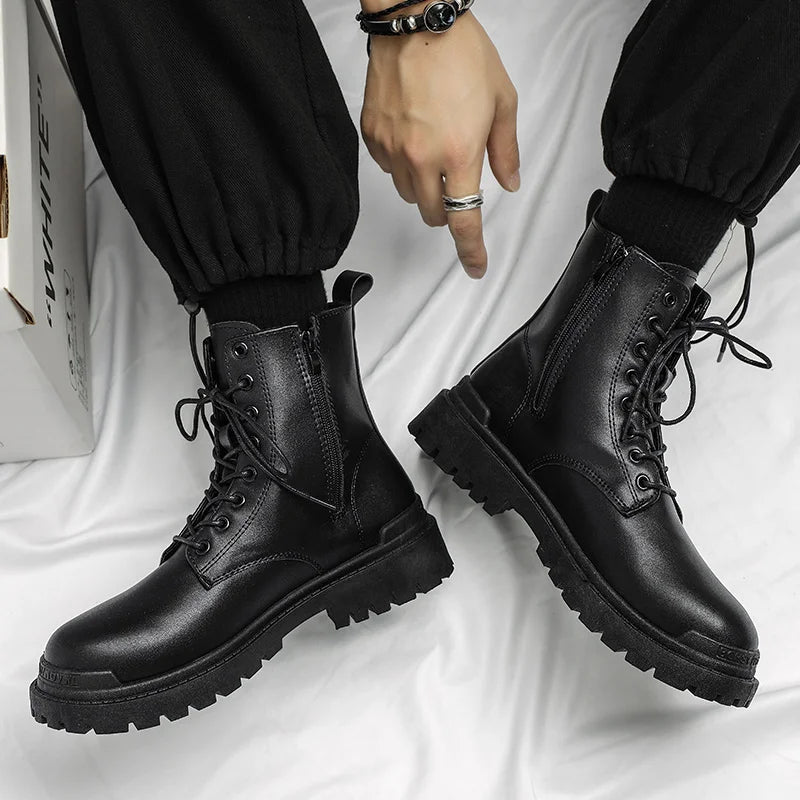 Leather Black Men's Biker Boot Fashion YoungWaterproof Trendy Boots Man Autumn Winter High Top ClassicBasic Shoe