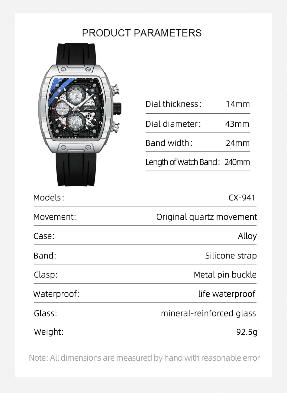 CHENXI 941 Sport Multifunction Military Men Silicone Quartz Wristwatch Male Luminous Waterproof Clock Watches Relogio Masculino