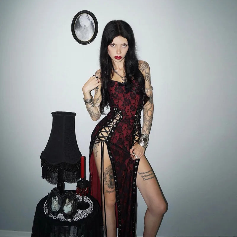 ONE TO WAN Summer Sexy Dark Gothic Style Dress Women's Subcultural Y2K Thin Spaghetti Strap Dress Vintage Design Punk Streetwear